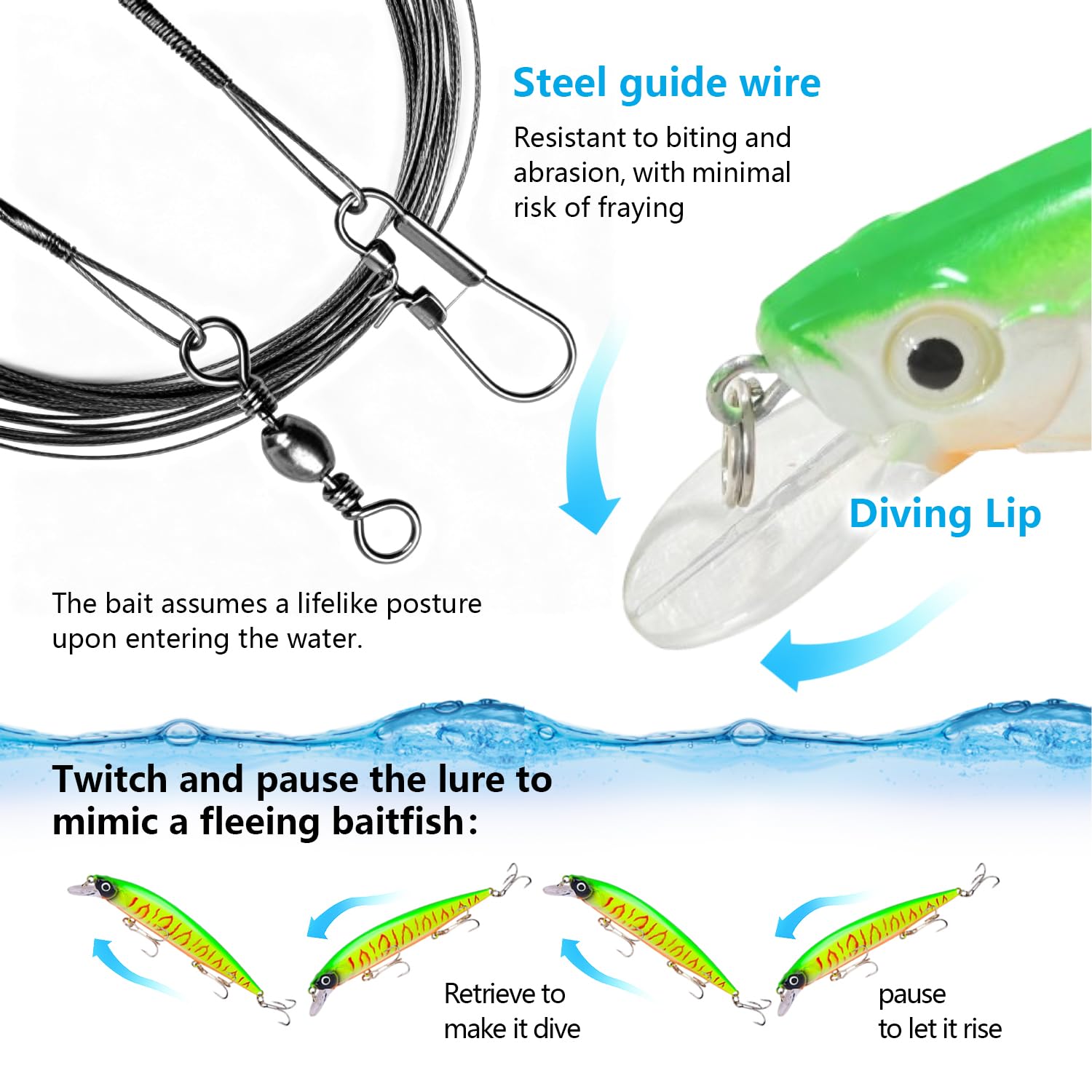 6 Piezas 22 G/14 CM Señuelos Spinning Flotante Minnow, Jig Pesca de Plástico ABS, Anzuelo Triple Señuelos Pesca, con 15 Líder(15/25/30 CM) y Estuche, para Depredadores Medianos y Grandes