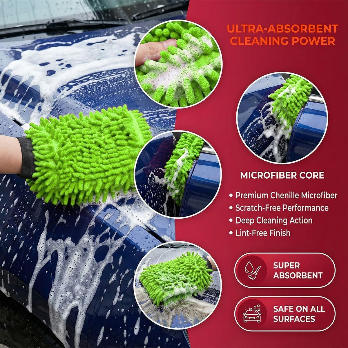 Craedli 2PCS Chenille Microfiber Car Wash Mitts, Soft Scratch and Lint-Free Dusting Microfiber Gloves for Car Washing and Detailing, Double Sided Absorbent Cars Home Cleaning Mitt Wash Gloves (Green)