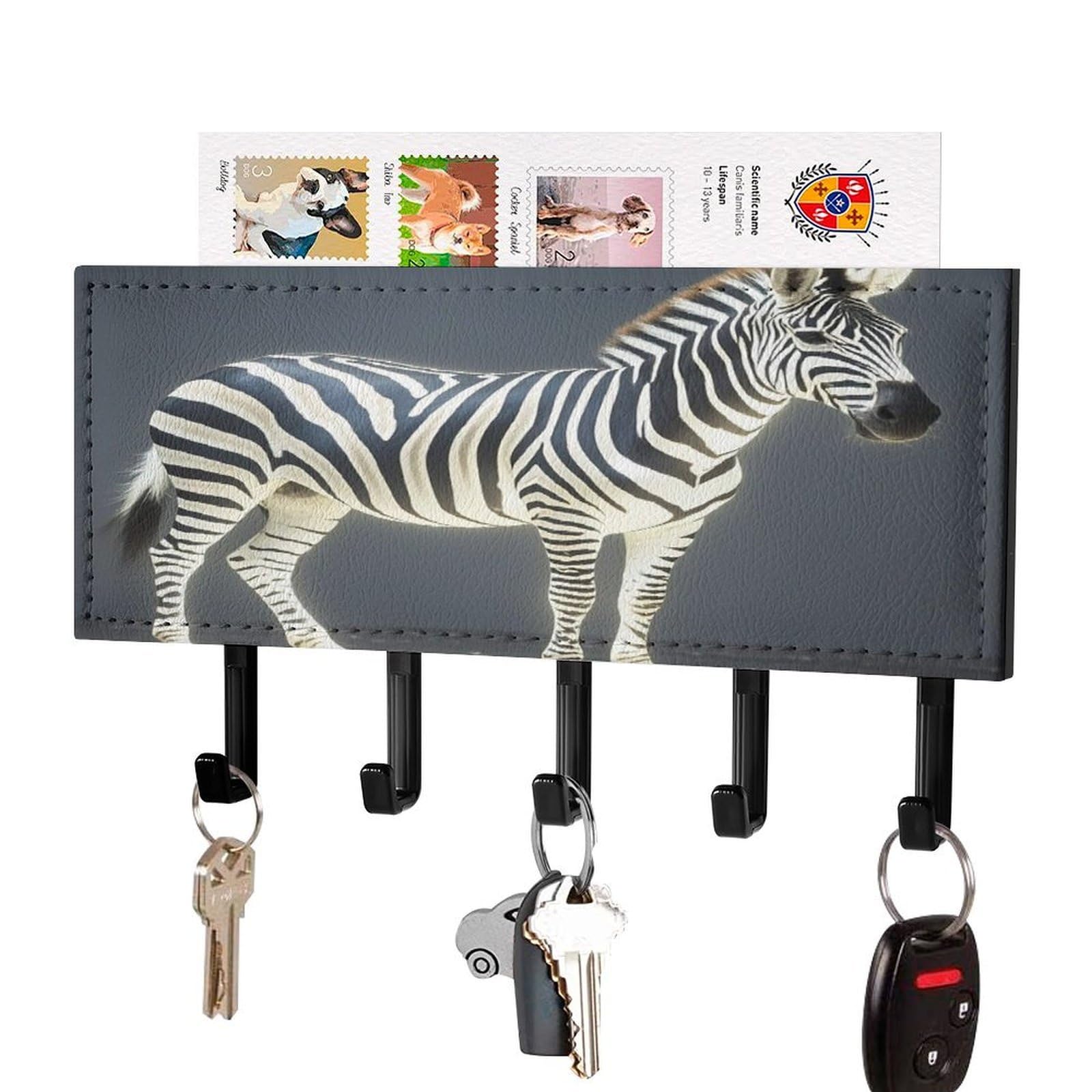 FekiLoot Glowing Zebra Key Holder Wall Mount Key and Mail Holder Key Hanger with 5 Hooks Decorative PU Key Rack Hanging Key Hooks for Wall Living Room Kitchen Bathroom Hallway Black-Style