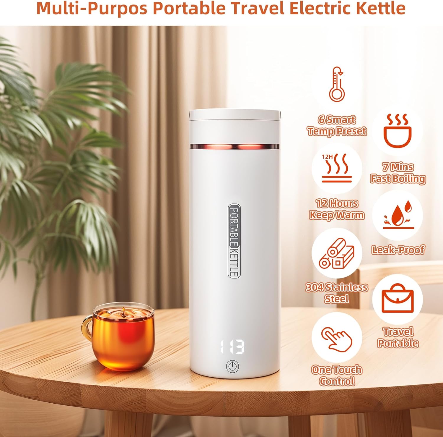 Travel Electric Kettle Portable Small Tea Coffee Hot Water Boiler with 6 Temperature Control Auto Shut-Off & Boil Dry Protection 304 Stainless Steel Travel Portable Mini Coffee Kettle