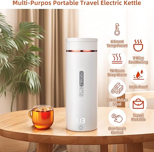 Miniatura 3 de Hervidor eléctrico de viaje, portátil, pequeño, para té, café, agua caliente, con 6 controles de temperatura, apagado automático y protección contra