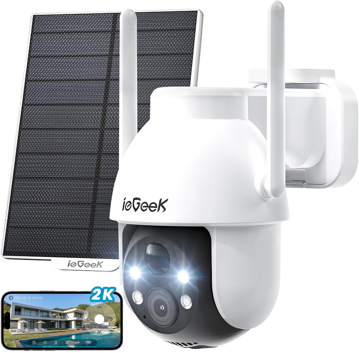 ieGeek 3MP Camara Vigilancia WiFi Exterior Solar con Bateria Sin Cables, Camara Vigilancia Exterior Solar Visión Nocturna Color, PTZ 360° App Remoto, Humana Detección, IP65, Voz Bidireccional Global Recycled Standard Global Recycled Standard Global Recycled Standard