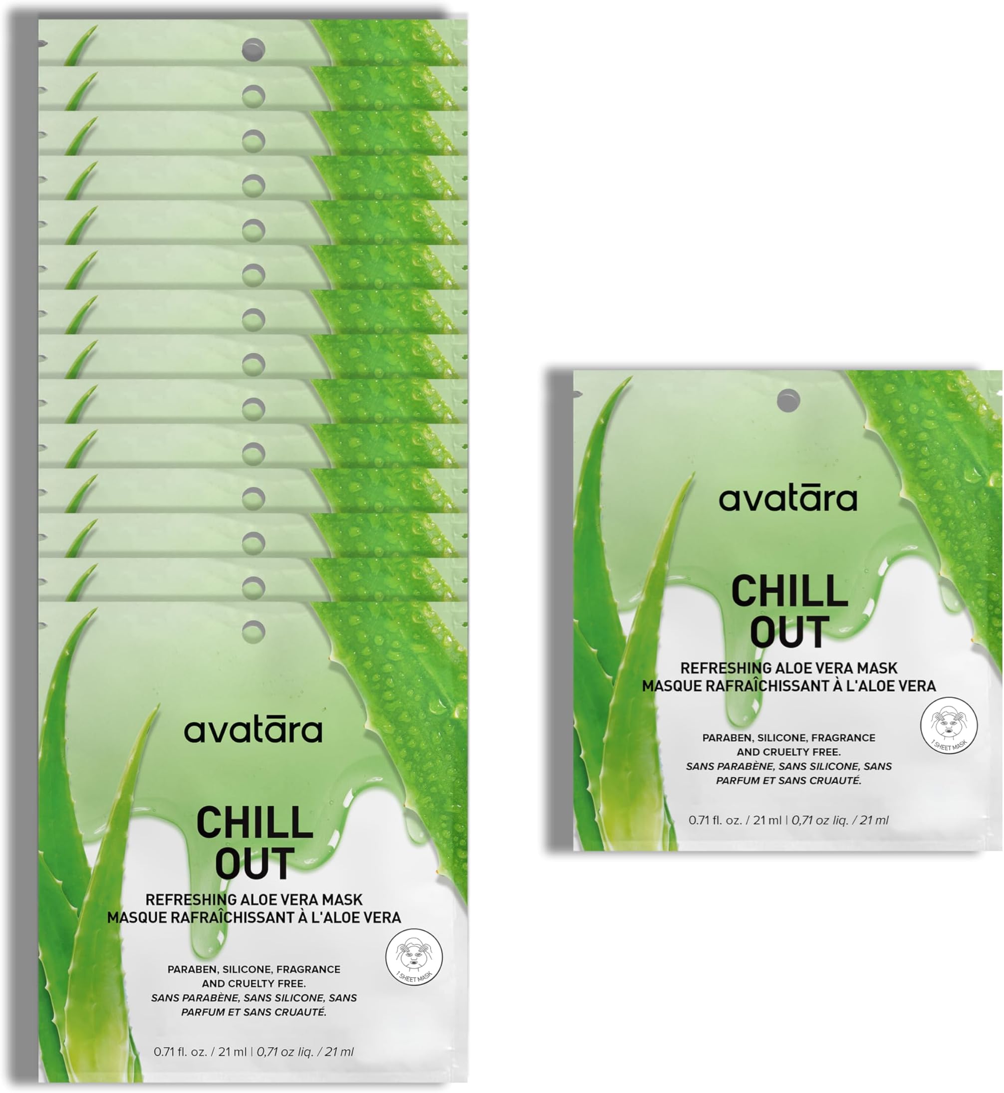 Avatara Chill Out Face Masks, 15 Sheets, Hydrating Aloe Vera, Soothing Skin, Unisex
