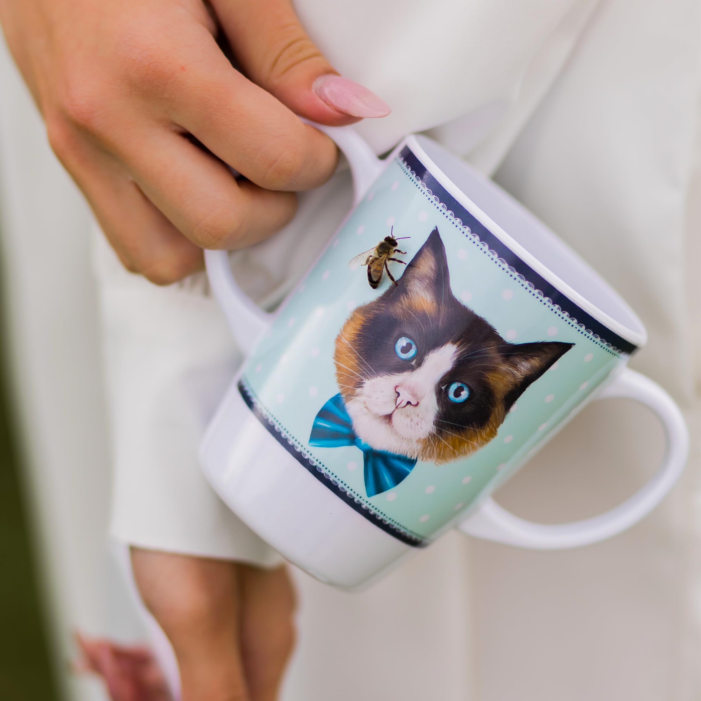 Tazza in melamina con due manici, leggera, 126 g, capacità 400 ml, aiuto per la mobilità quotidiana per anziani, demenza, tremori, artrite e presa debole (gatto)