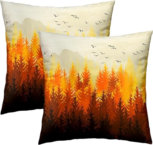 Juego de 2 fundas de almohada de bosque otoñal de 18 x 18 pulgadas, fundas decorativas de algodón para el hogar, sofá, cama, patio