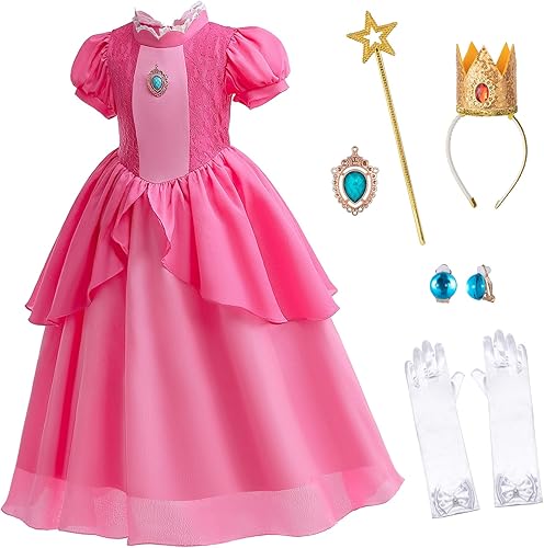 Disfraz de princesa melocotón para niña con accesorios, vestido de princesa melocotón para niñas pequeñas, vestido de 2 a 11 años