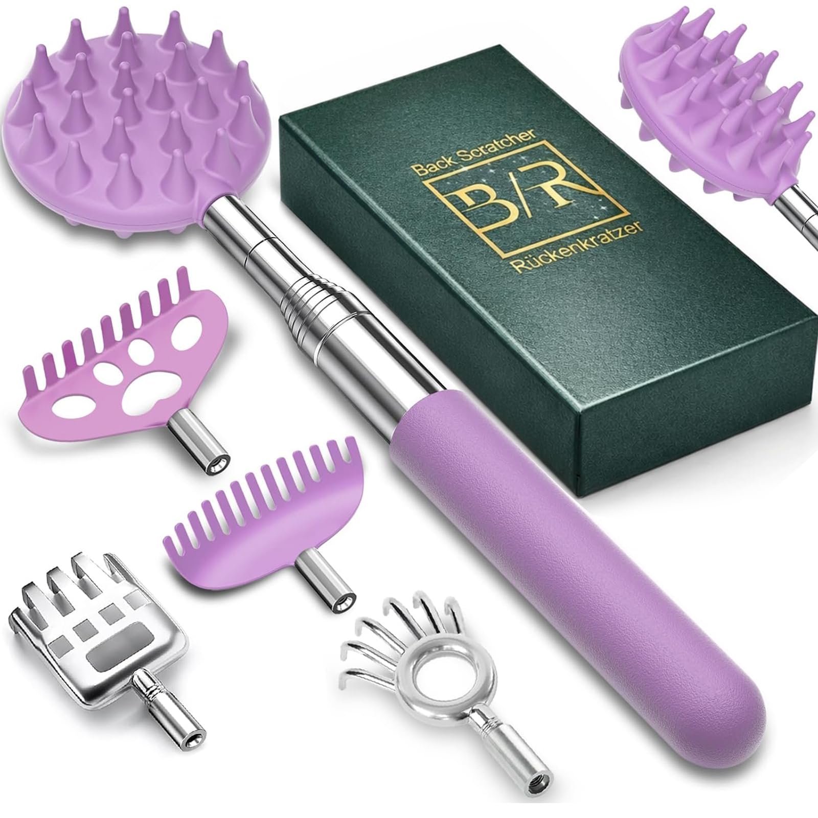 VOMEP Rückenkratzer mit 4 abnehmbaren Köpfen, tragbarer ausziehbarer Rückenkratzer, Geschenke für Damen und Herren, Strumpffüller, Metall-Edelstahl-Massagegerät/Rückschlag zum Kratzen