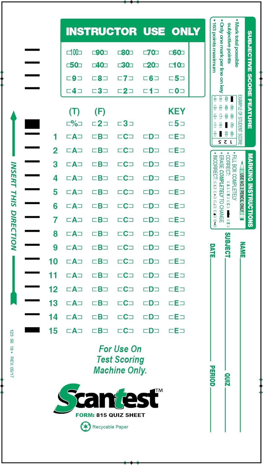 SCANTEST815 QUIZ SHEET, 815E Compatible Test Forms (100