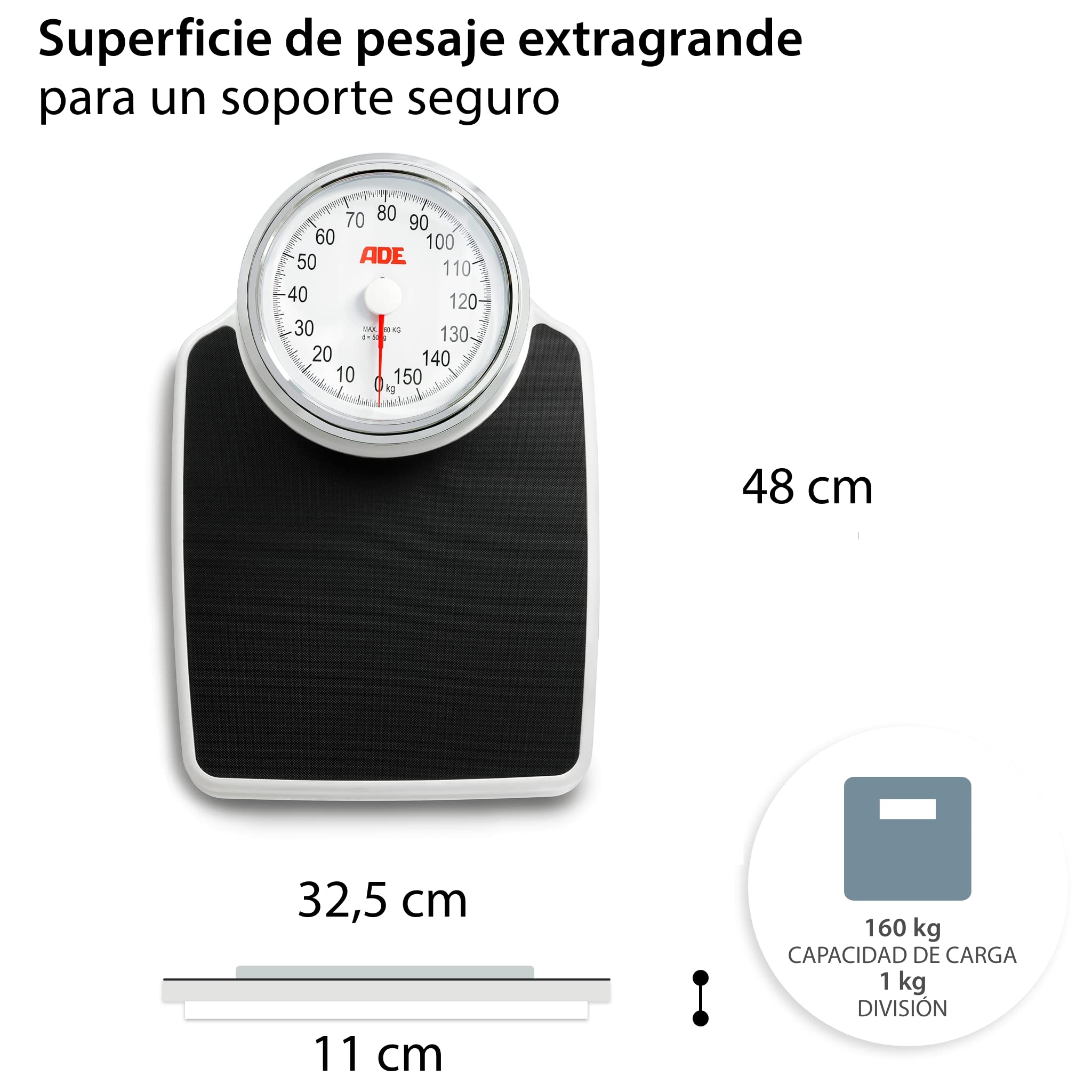 ADE Báscula personal mecánica | resultados de pesaje de alta precisión hasta 160 kg | dígitos extragrandes | superficie antideslizante | diseño de báscula de médico