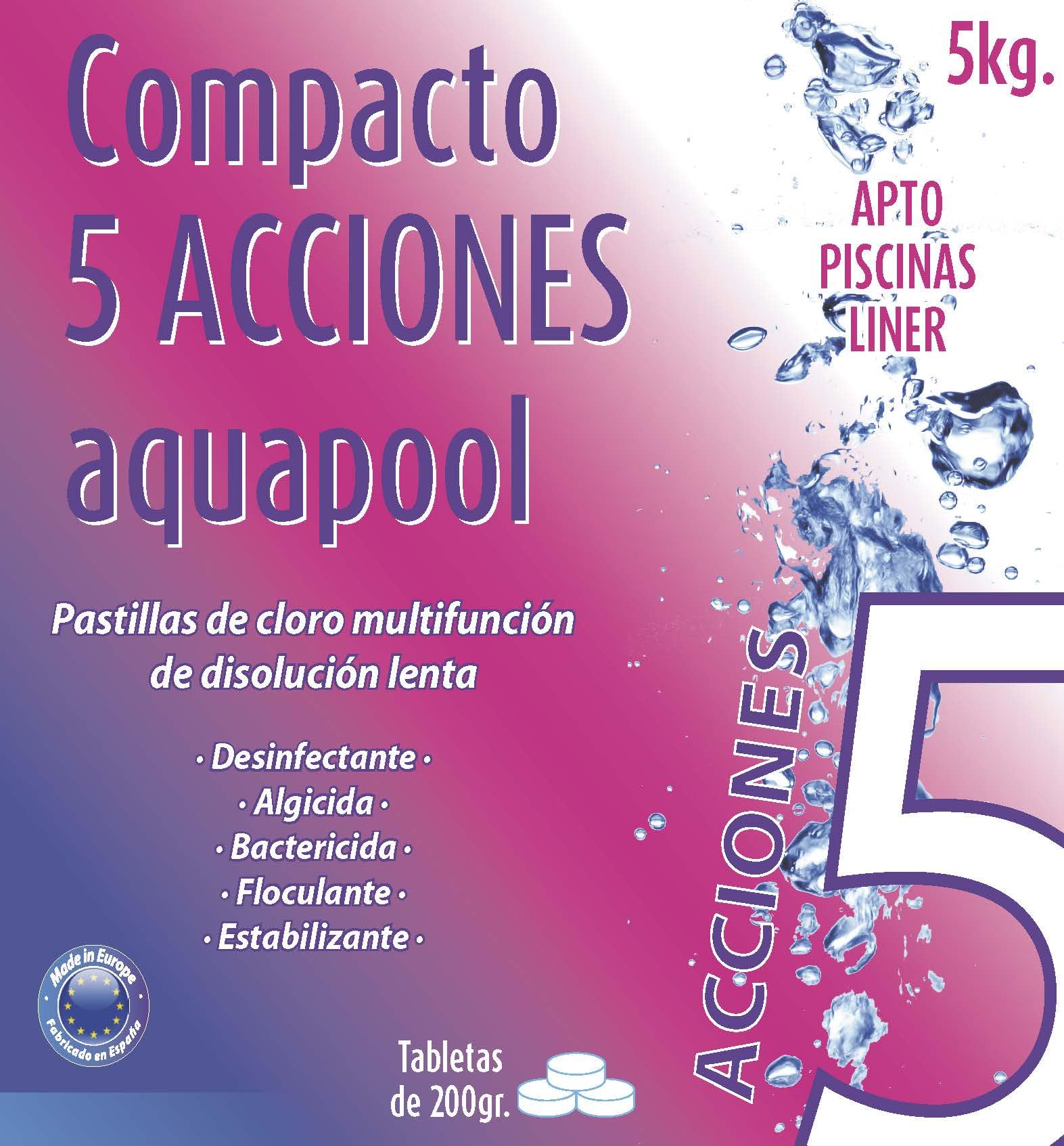 Compacto 5 ACCIONES AQUAPOOL (5 KG) - Pastillas de Cloro multifunción - Disolución Lenta - Apto Piscinas Liner — view 2