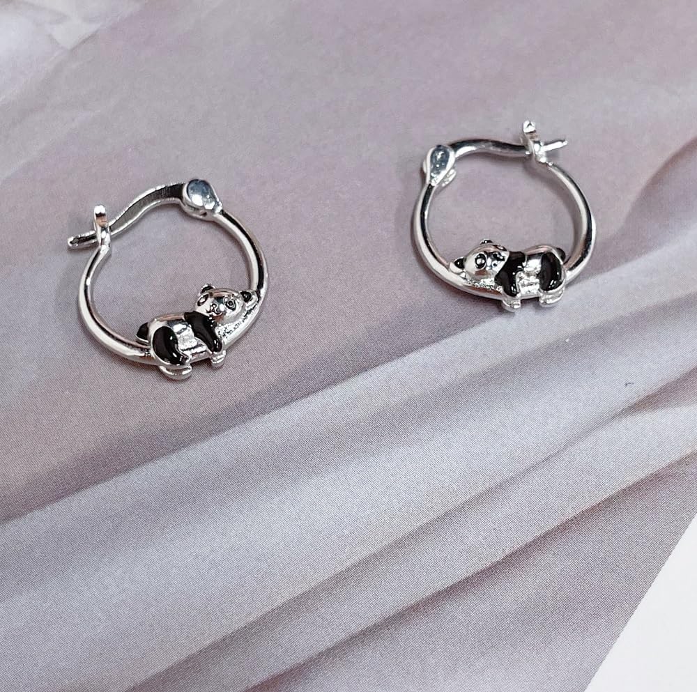 Hypoallergenic Panda Small Hoop Earrings for Women Little Cute Sterling Silver Plated Black Enamel Animal Huggie Hoops for Sensitive Ear Fashion Jewelry Daughter Gift - Image 3