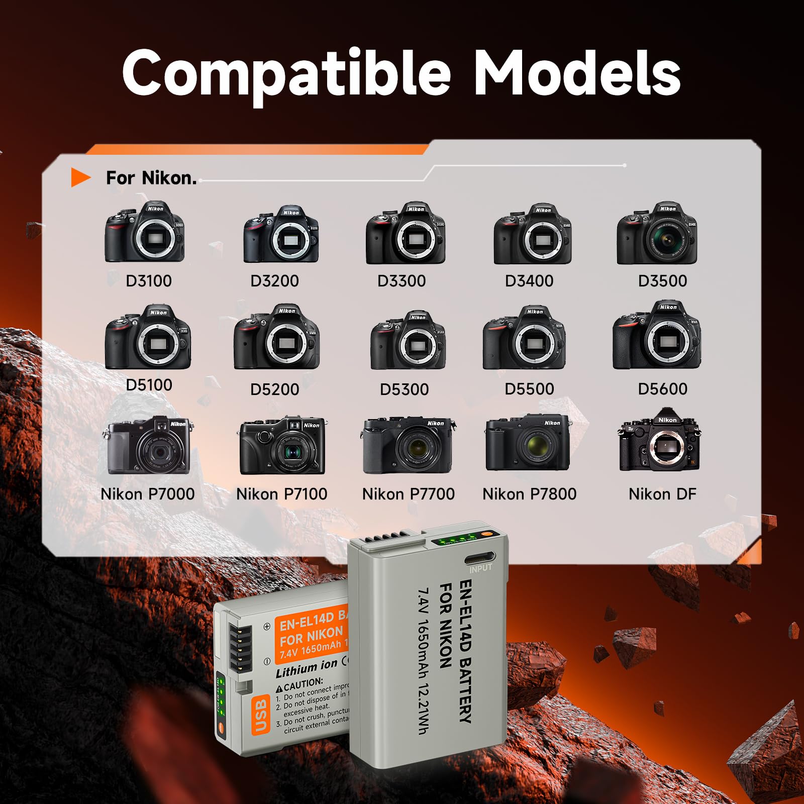 Akumulator ENEL14 1650mAh z kablem USB-C do Nikon D5600 D5100 D5200 D5300 D5500 D3200 D3400 D3500 Coolpix P7100 P7200 P7700 P7800