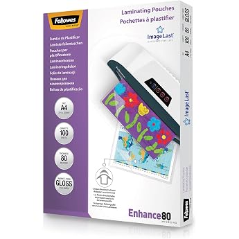 Fellowes Pack of 100 A4 Gloss Laminating Pouches A4 80 Micron with ImageLast Directional Arrows Laminating Pouches Suitable f
