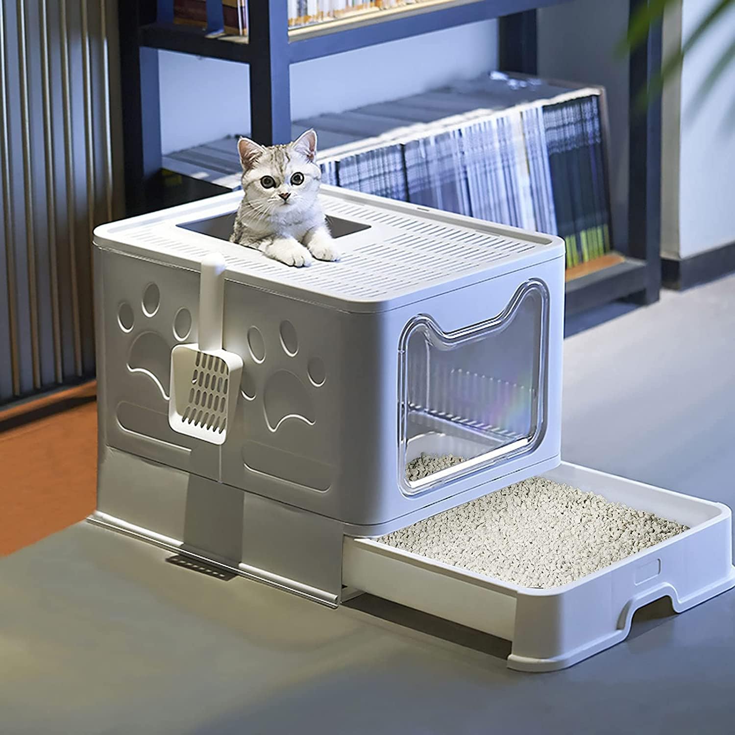 Cat Litter Box Foldable Cat Litter Tray with Front Entry Top Exit Large Capacity Easy Clean Toilet Boxes with Lid Drawer Scoop Massage Comb Pet Silicone Shampoo Brush Feather Teaser Pets Toy
