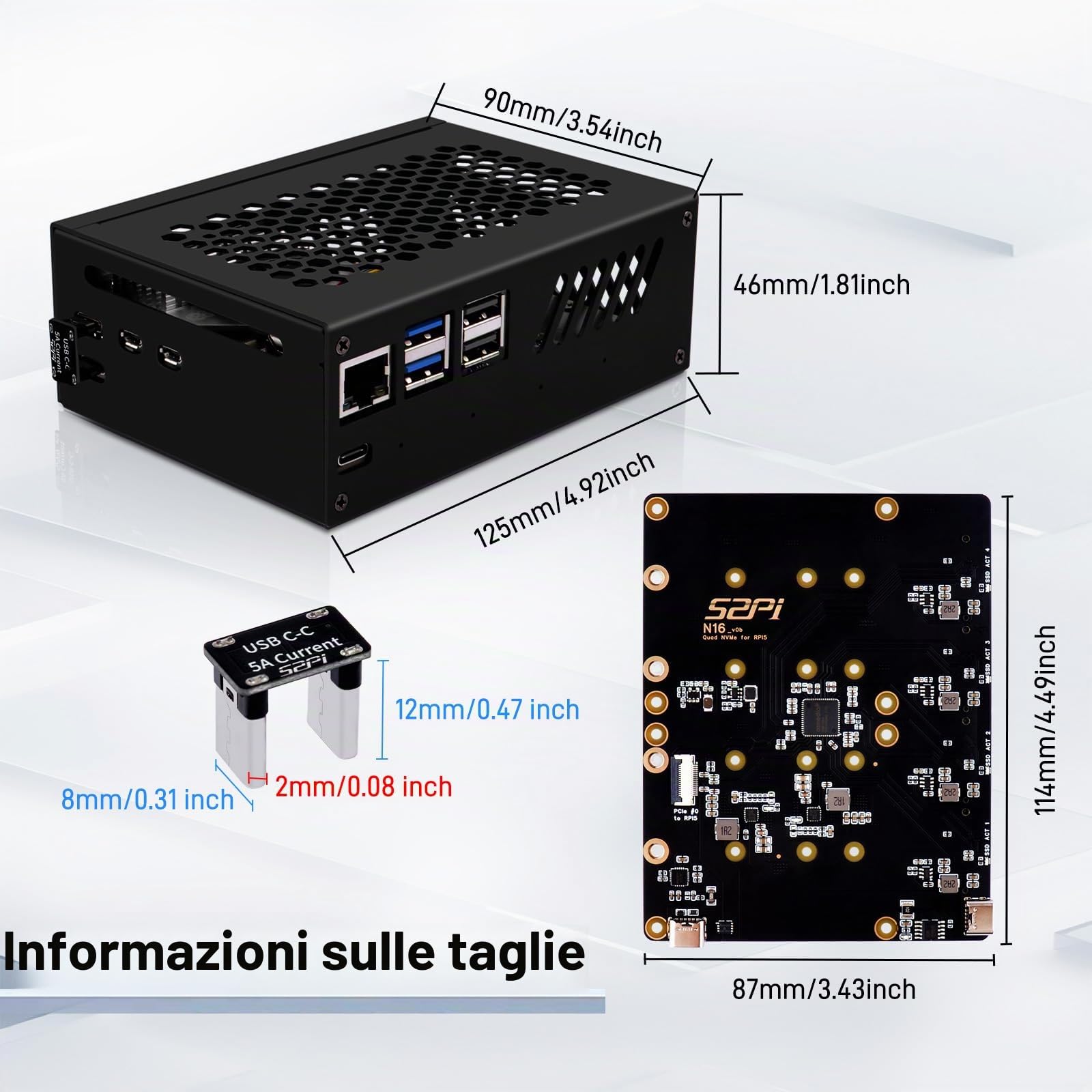 GeeekPi N16 Quad M.2 M-Key NVMe SSD HAT con custodia in metallo e dispositivo di raffreddamento attivo per Raspberry Pi 5, supporto SSD M.2 NVMe M-Key 2230/2242/2260/2280