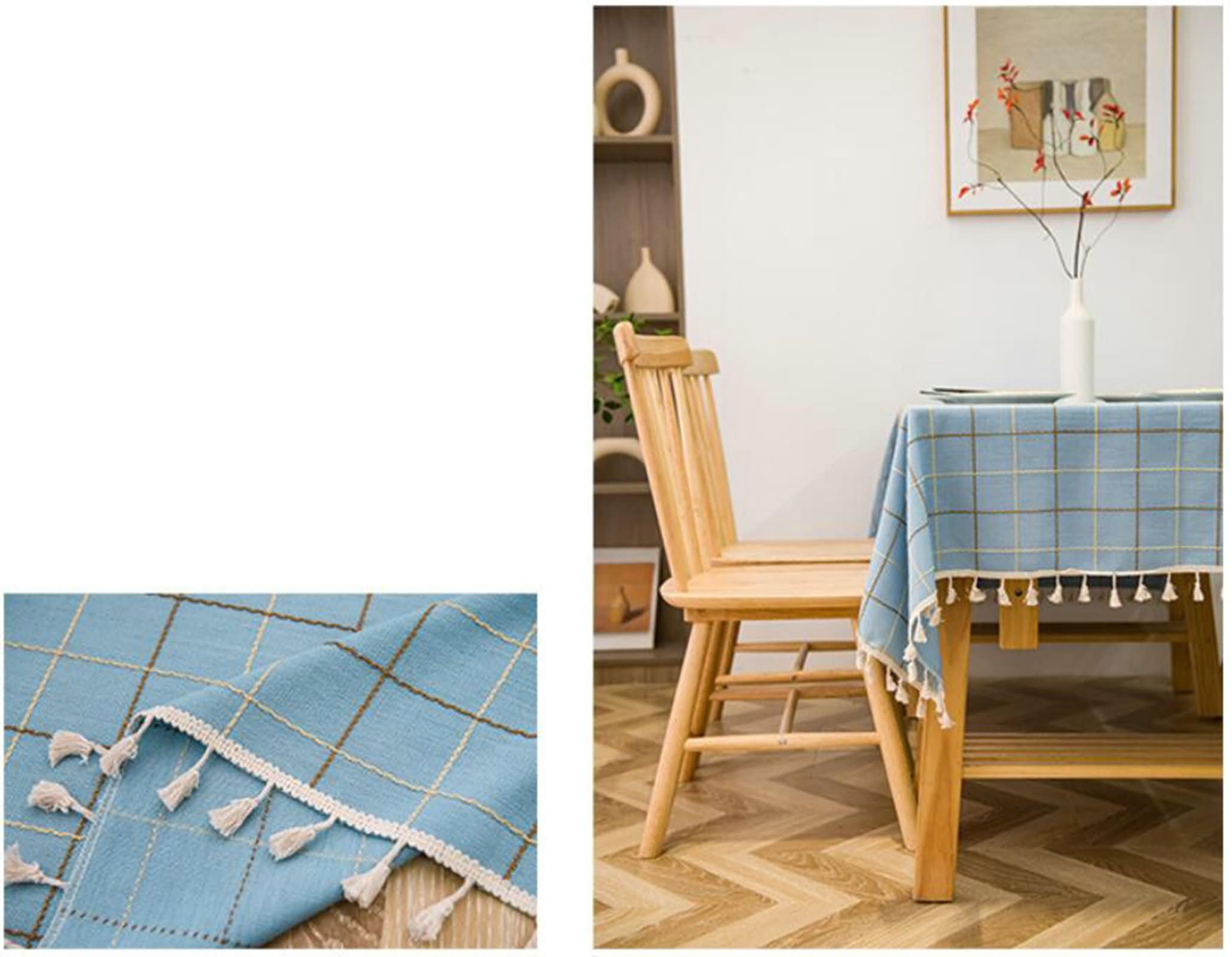 Mantel Antimanchas y Lavable Rectangular Azul Exterior, Celosía Geométrica con Borlas, de Poliéster Fácil de Limpiar, 140 x 200 cm, Mantel para Restaurante