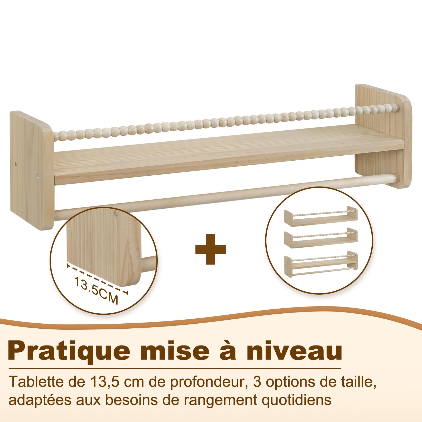 WOLTU Étagère Murale pour Enfant, Lot de 3, Étagère Livre Enfant, en Bois Massif, 60cm, avec Perles en Bois