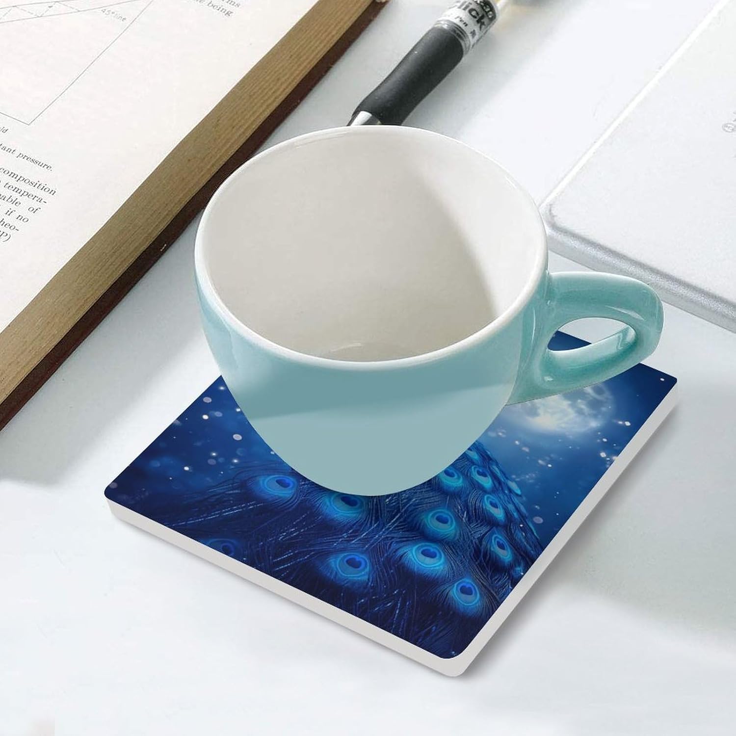 Blue Peacock Moon Ceramic Coasters Square Drinks Coaster Coffee Table Decor Table Coaster for Home Bar
