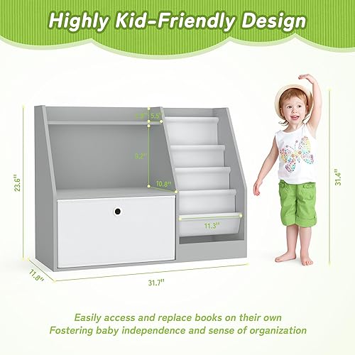 Miniatura 2 de TOETOL Estantería para niños, organizador de almacenamiento de libros, estante de madera de 4 eslingas para niños, estantería de 2 niveles para