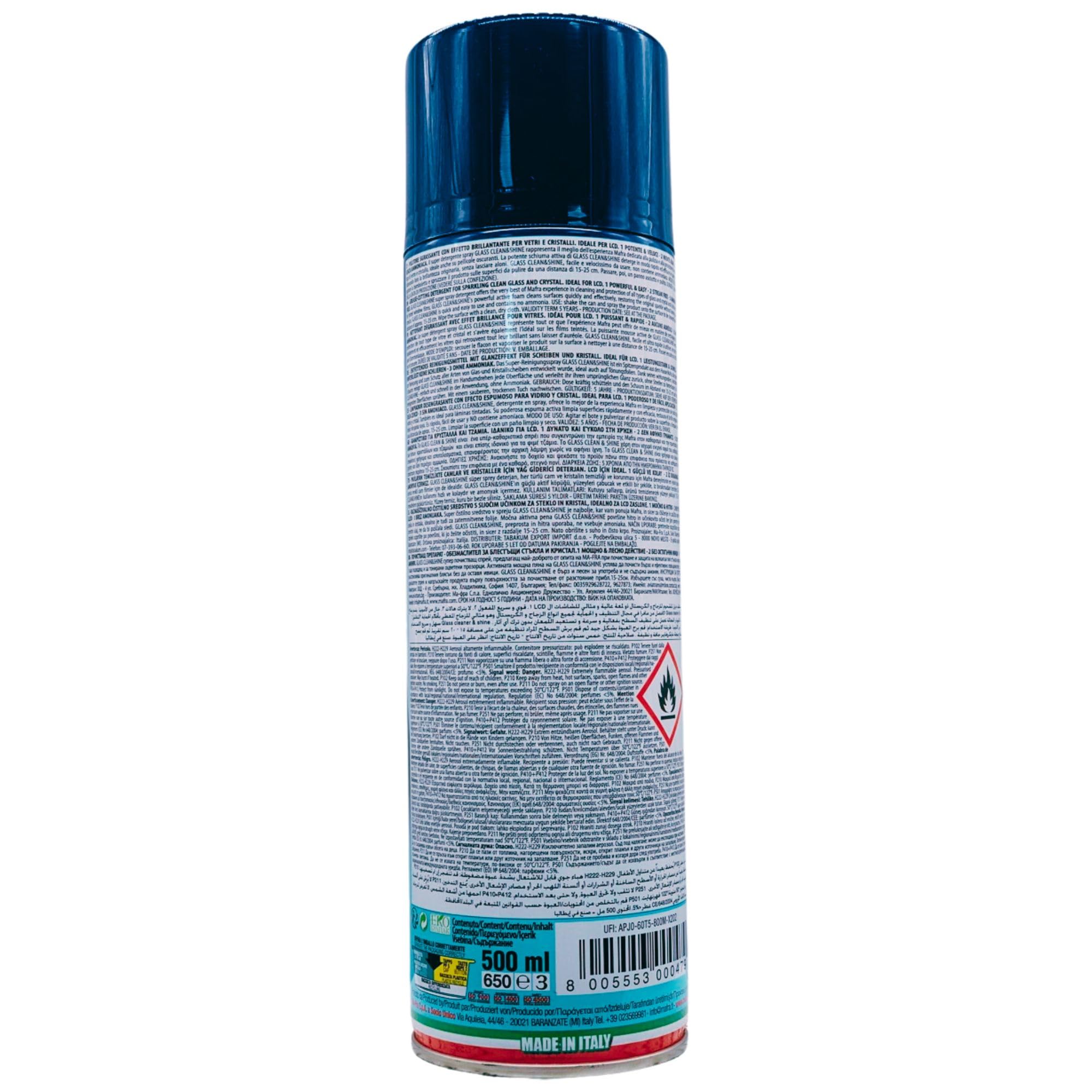 Pulitore Sgrassante Spray Glass CLEAN & SHINE Per Vetri e Cristalli Auto, Con Effetto Brillante. Potente e Veloce, Niente Aloni, Senza Ammoniaca 500ml (4 Spray)