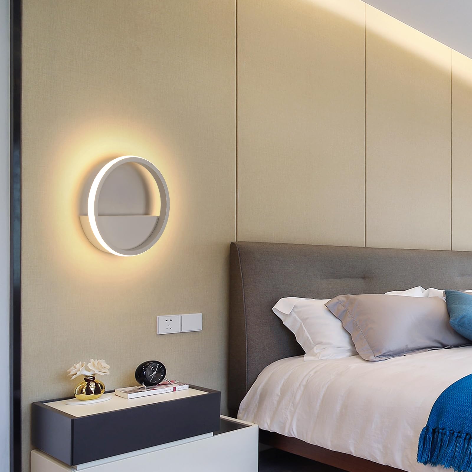 Riserva Rotonda Applique da Parete Moderno, 12W LED Lampada da Parete Interno, Bianco Lampada a Muro Alluminio per Camera da Letto, Soggiorno, Corridoio, Scale, Bianco Caldo 3000K