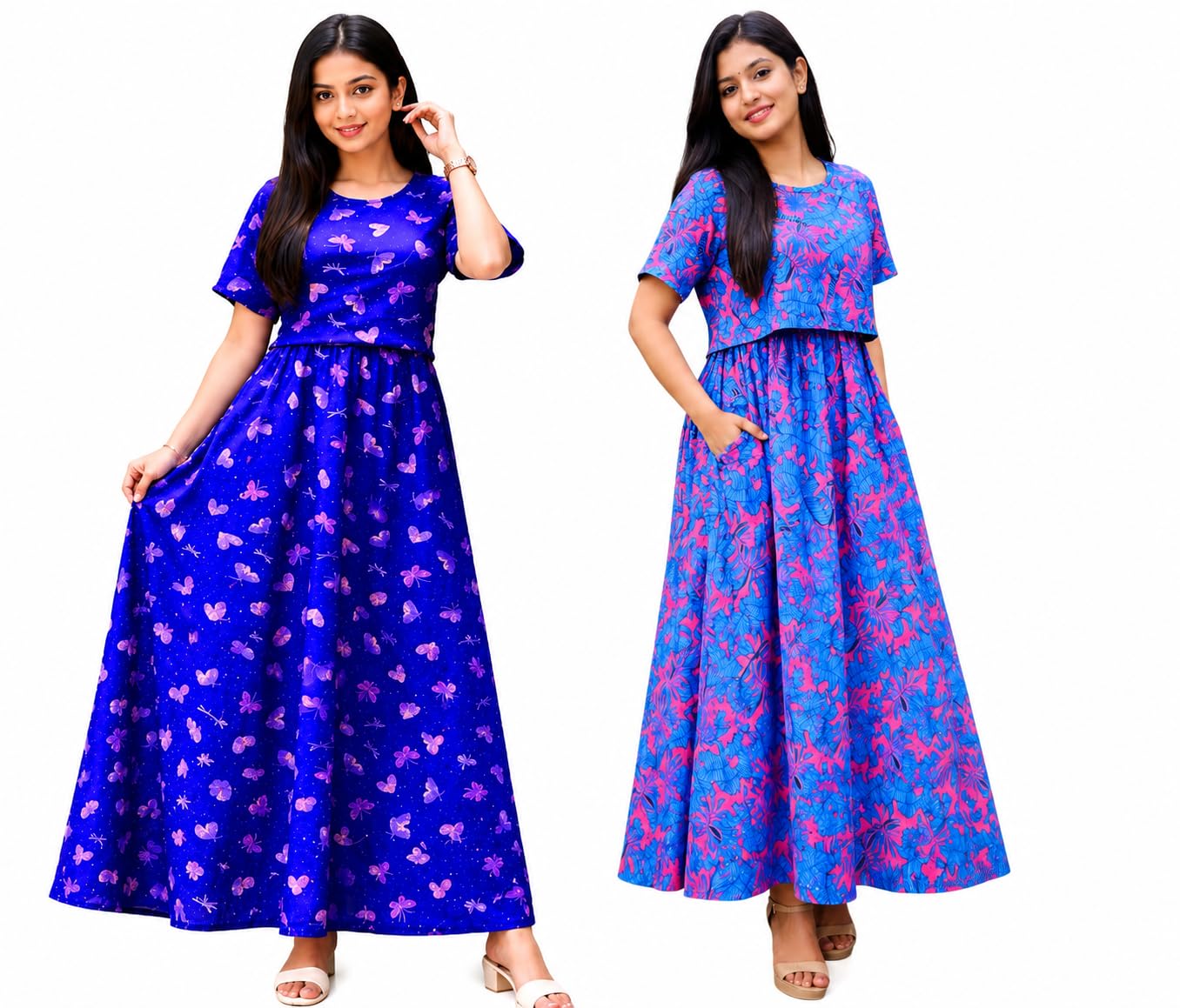 RENIS.Store Women's 100% Cotton Zipless Feeding Maternity Nighty Pack of 2 | Pull Up Nursing Night Dress | Soft Pregnancy & Feeding Wear | Blue(Pink Butterfly) & Blue (Pink Leaf) M-Size-picture-17