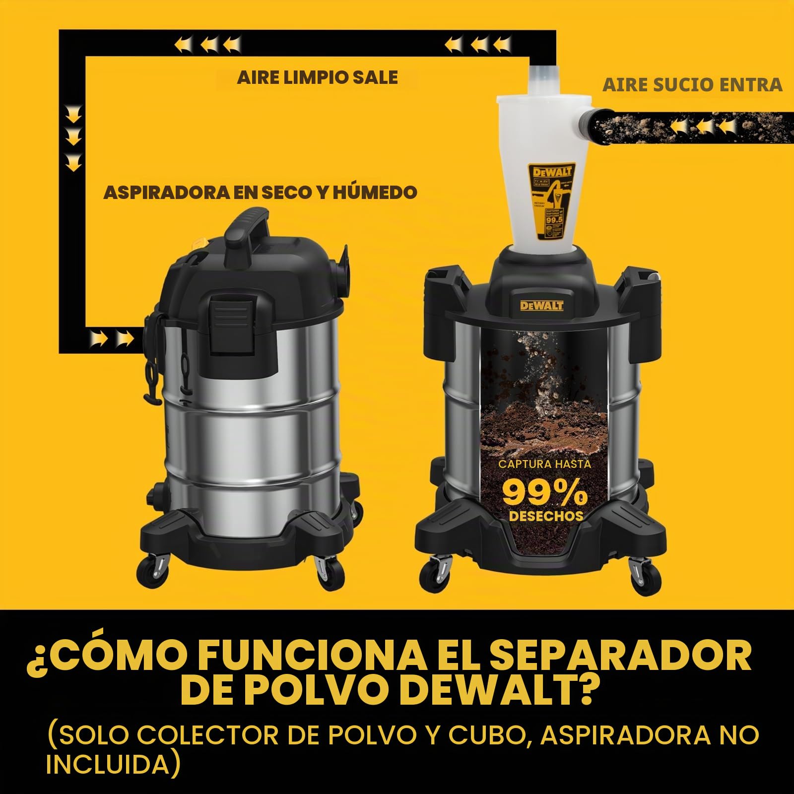 Dewalt Separador con tanque de acero inoxidable 10 galas, 99.5% eficiencia, filtro de polvo de ciclo de alto rendimiento, colector de ciclón de polvo, DXVCS003, blanco