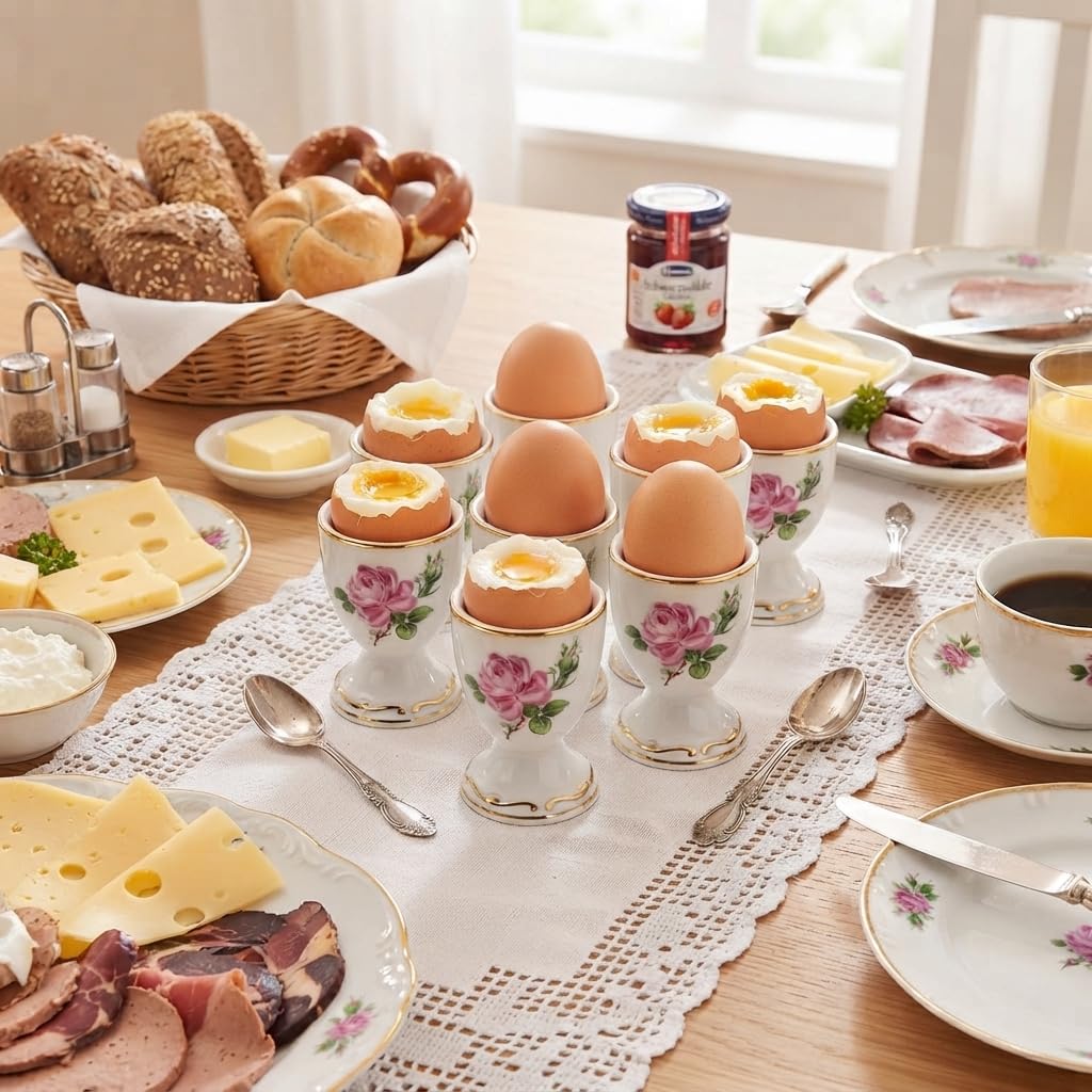 Traumhaftes 6er Set Porzellan Eierbecher – Handgemalt, mit edlem Goldrand & Rosen-Dekor, PGH Meißen(DDR), Vintage Sammlerstück