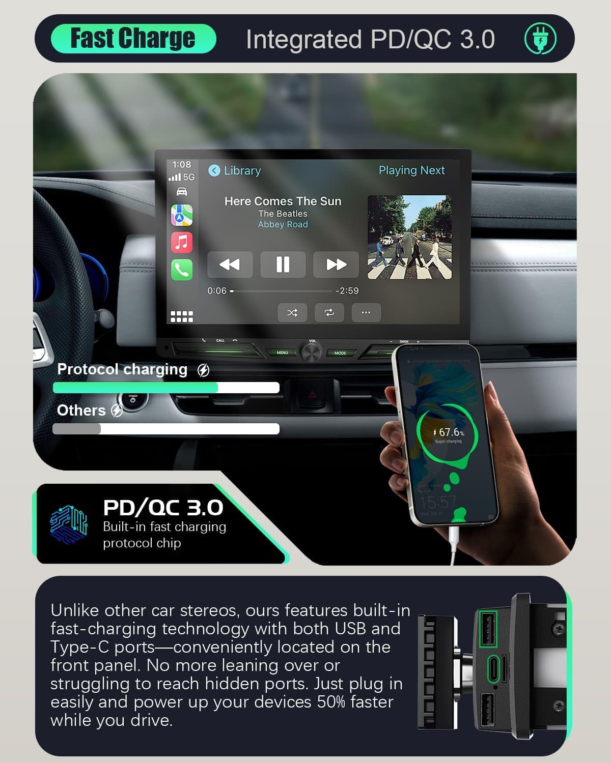 【SOOEMAKA】 Single Din Touchscreen Radio with Wireless Apple Carplay&Android Auto,10 inch QLED car Stereo with Fast Charge(QC/PD 3.0),AHD Reversing,DSP,Siri and Android Voice Control,SWC,EQ (Knob)