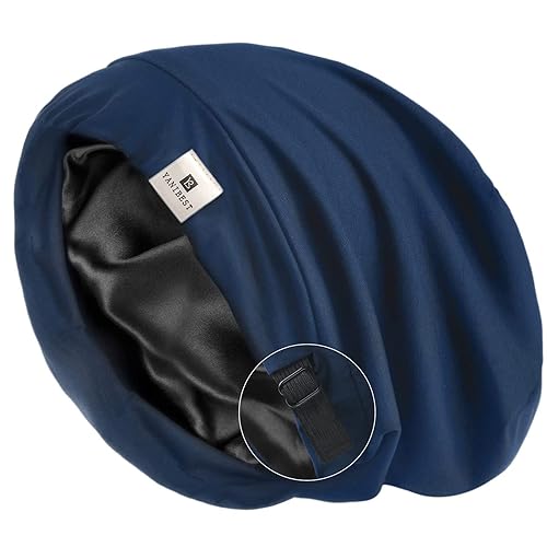 Gorro de satén de seda para dormir, color azul oscuro, ajustable, con forro de seda, para dormir por la noche