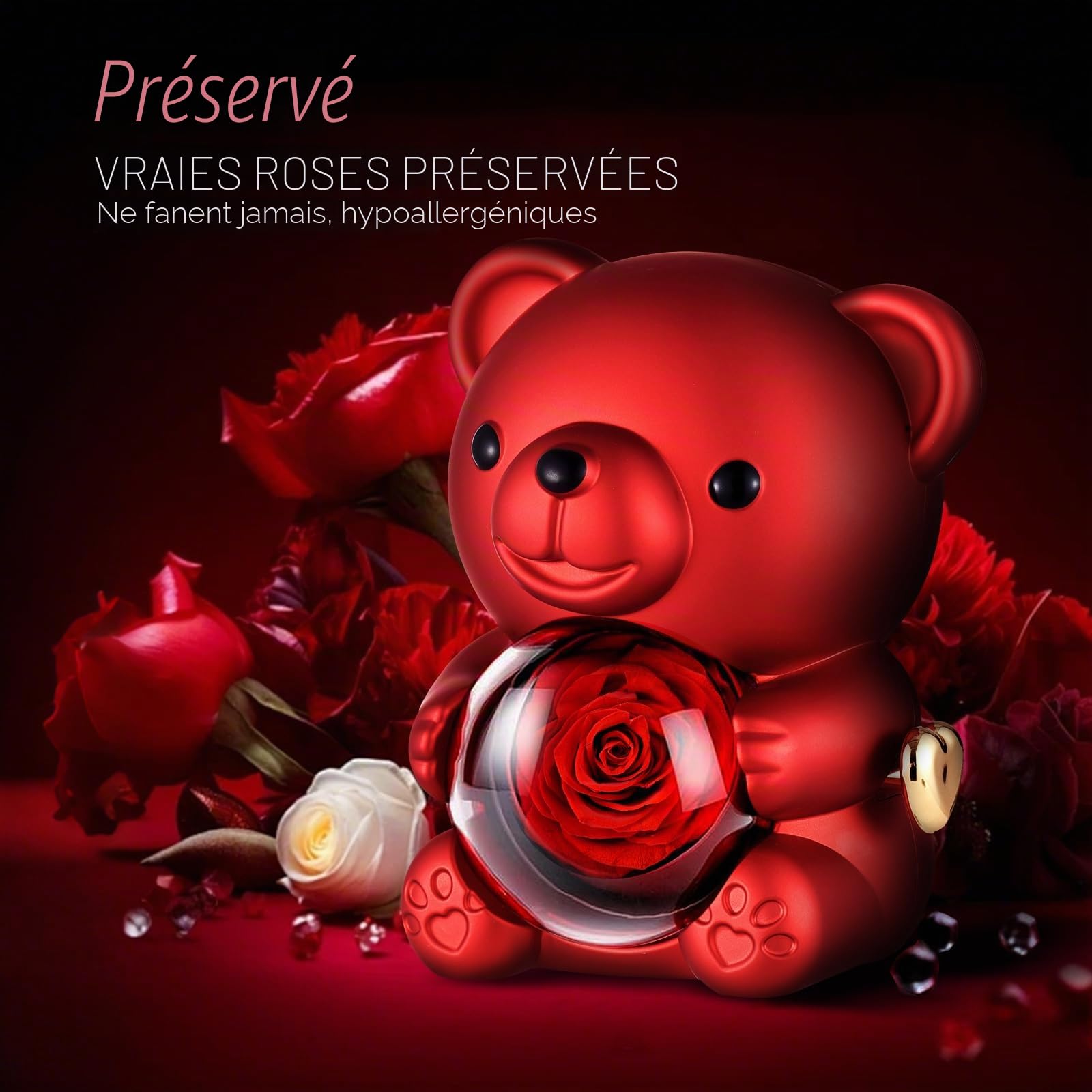 GOICC Rose Eternelle Ours Fête des Mères Idee Cadeau Original avec Collier pour Maman Femmes Rose Préservée Vraie Fleur avec Écharpes pour Petite Amie Épouse pour Saint Valentin Anniversaire Noël