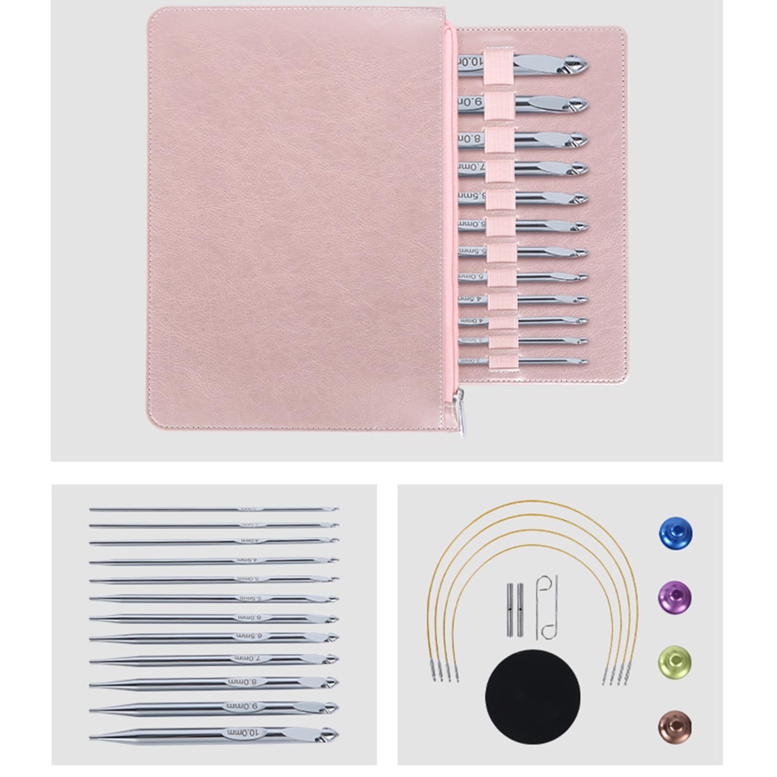 Juego de 12 agujas de ganchillo tunecinas con cable de 3 mm a 10 mm con funda de cuero para tejer agujas de ganchillo de aluminio