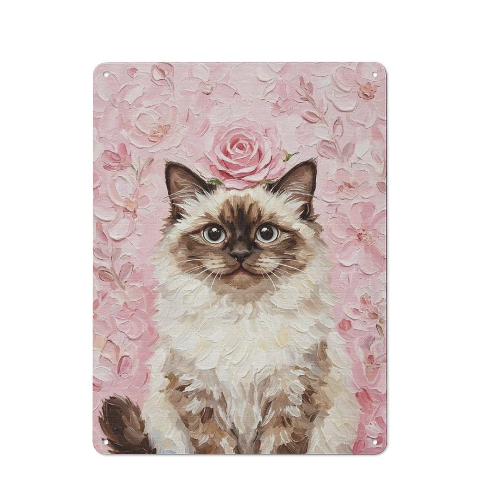 Junmoney Style-9 Tin Wall Plaque 40X30cm With Ragdoll Cat With Rose Painting For Hobby Room Or Studio, For Themed Interiors In Hobby Rooms And Studios