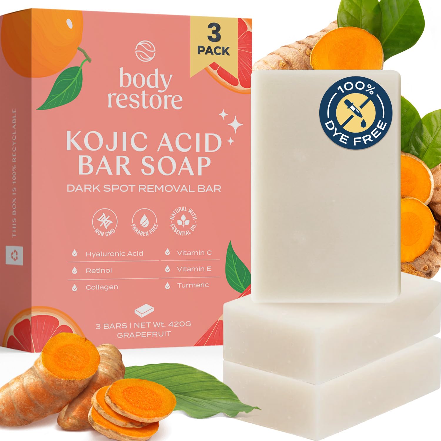 Body Restore Kojic Acid Soap, (Grapefruit 3 Pack), with Vitamin C,E, Shea Butter, Collagen, Hyaluronic Acid, Turmeric, Retinol For Dark Spots, All Natural Soap Bar, Paraben Free