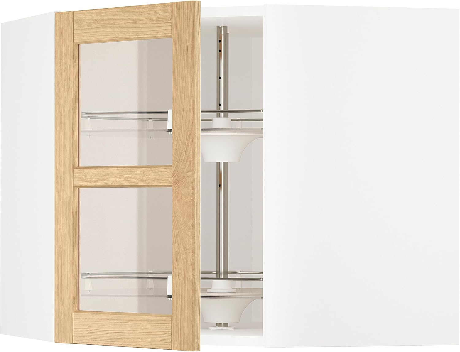 METOD Corner wall cab w carousel/glass dr, white/Forsbacka oak, 68x60 cm