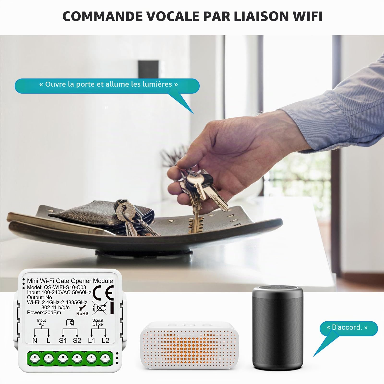 Module D’interrupteur Connecté de Garage, Commande Intelligente de Portail Roulant, Ouvre-Porte de Garage Connecté WIFI, Ouvre Portail Connecté Commande à Distance via L’application Smart Life/Tuya