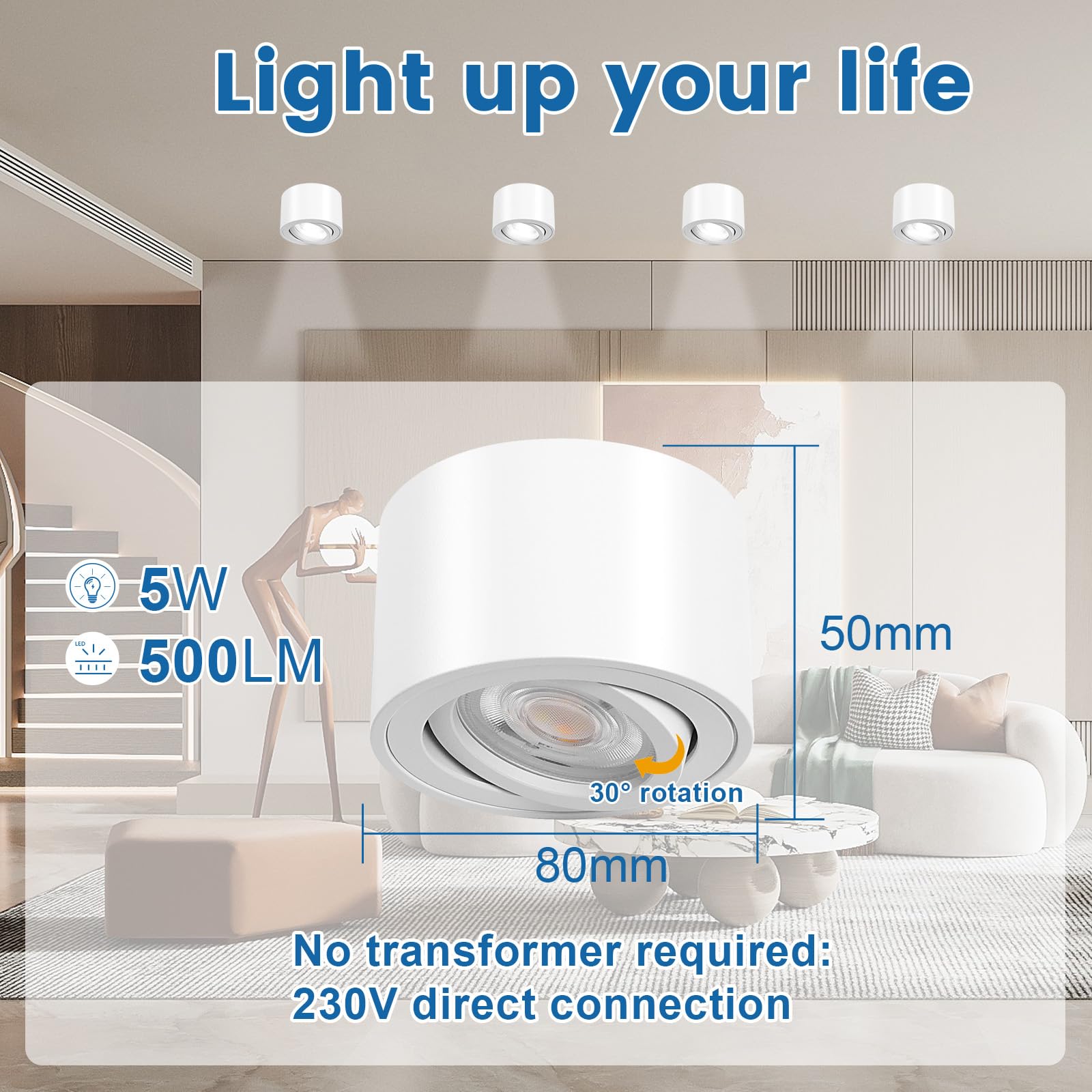 YindaLux 3 x 3CCT LED Surface-Mounted Spotlights, White, Extra Flat & 30° Swivelling Spotlights, Ceiling Spotlights - Image 2