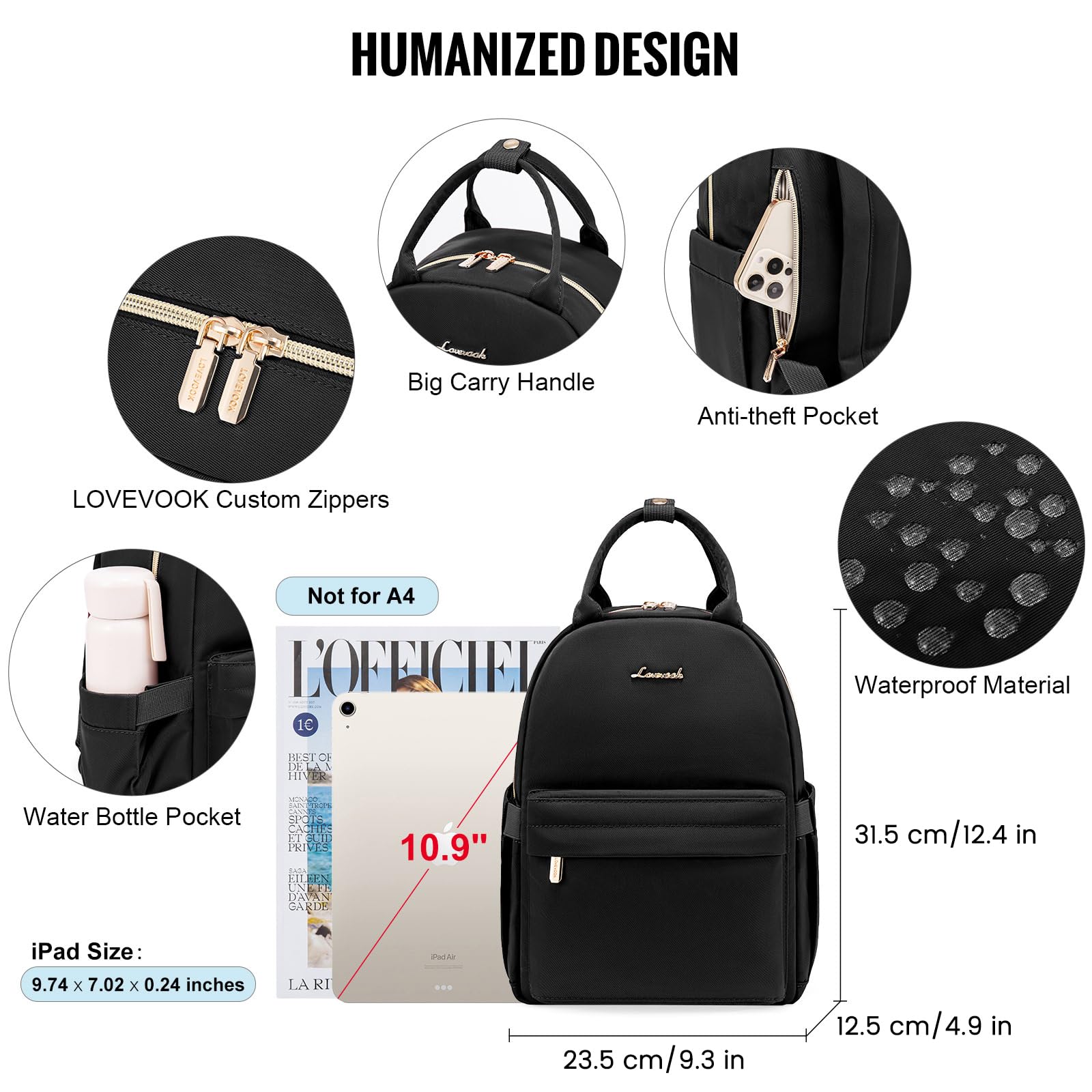 LOVEVOOK Zaino Donna Piccolo Borsa Zainetto Ragazza Mini Zaino Donna Elegante Impermeabile Backpack per Università Viaggio Lavoro Scuola Ufficio Shopping