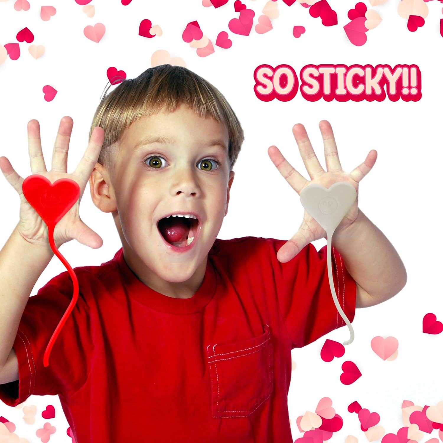 ArtCreativity 48 PCS Sticky Heart Strings - Valentine's Day Heart Slap Hands Toy with Smiley Face - Sticky Hearts Fidget Valentines Day Toys and Party Favors for Kids Bulk
