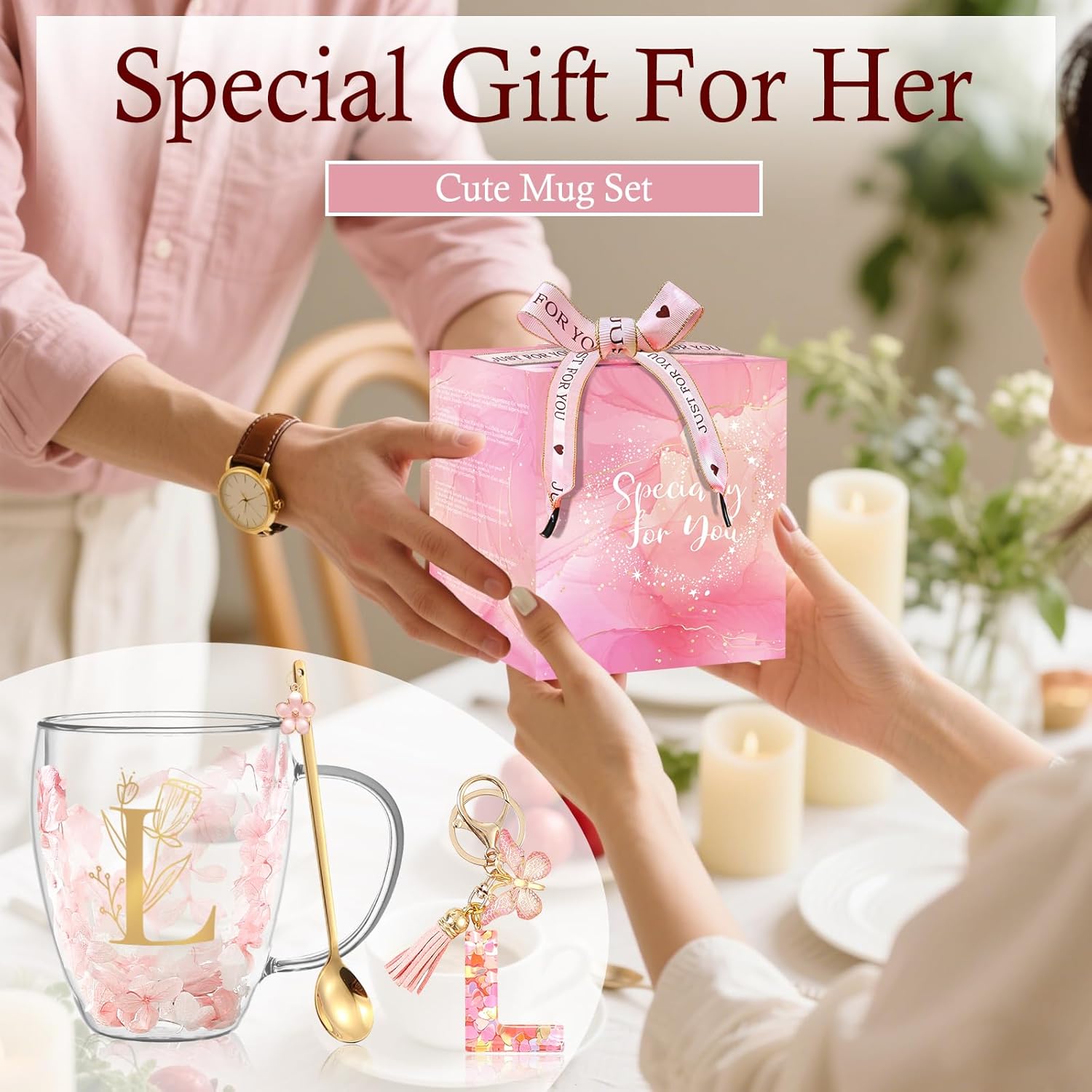 Personalized Gifts for Women Flower Double Wall Cute Novelty Monogrammed Glass Coffee Mug Tea Cup with Spoon Customized Wedding Favors Unique Birthday Christmas Gifts for Bride Wife Friends Sisters(L) - Image 9