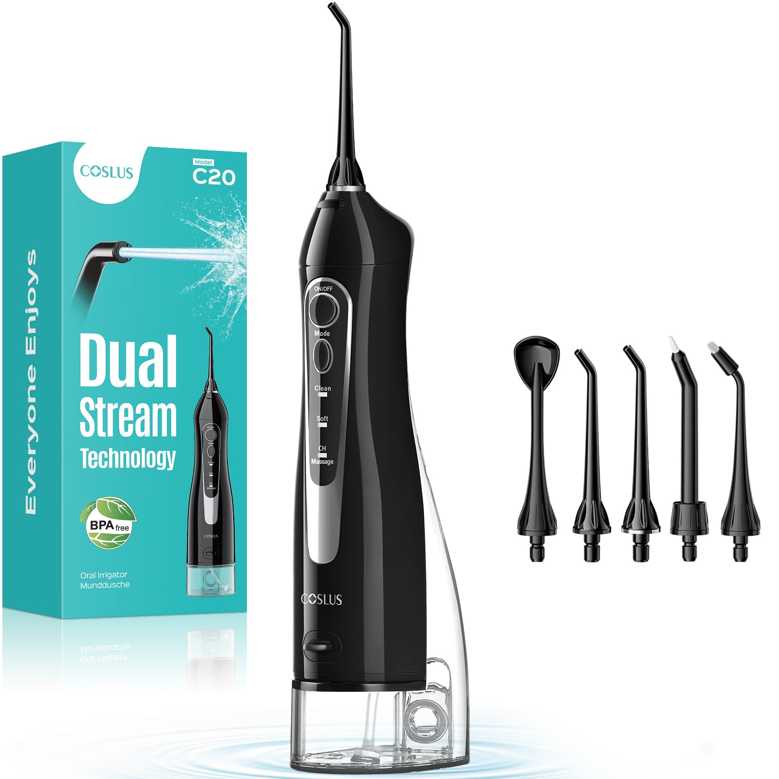 COSLUS Water Flosser خيط تنظيف المياه للعناية بالأسنان واللثة، لاسلكي، خزان مياه كبير، تنظيف عميق، قابل لإعادة الشحن، مقاوم للماء، خالٍ من مادة BPA، متعدد الفوهات، للمنزل والسفر، أسود C20