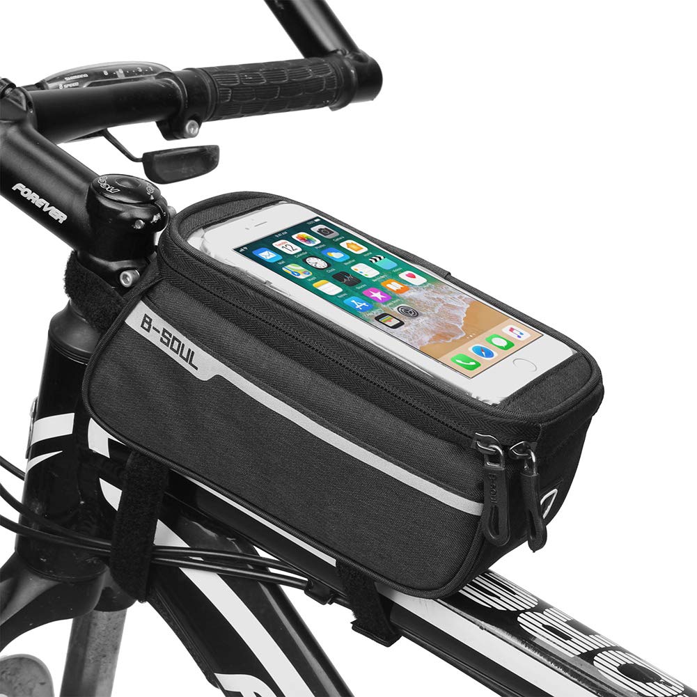 Bicycle Cycling Bag with Phone Holder Bike Phone Bag with Touchscreen Window Bike Frame Bag Bike Top Tube Bag Pouch Mountain Bike Bicycle Storage Bag with Headphone Hole for Smart phone 5.7-6inch