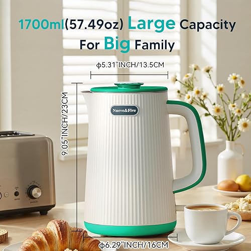 Miniatura 2 de Nueve&Five Hervidor eléctrico grande de 1.7 L (57 onzas), perfecto para más de 7 tazas de té y café, hervidor de té eléctrico grande de doble pared