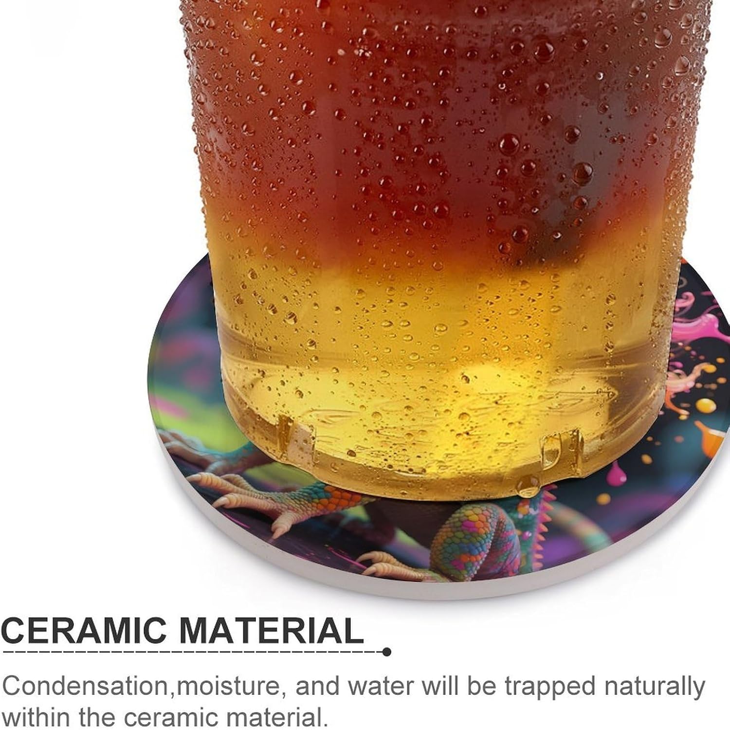 Colorful Gecko with Rainbow Hair Funny Round Ceramic Coasters for Drink Absorbent Cup Holders Tabletop Protection