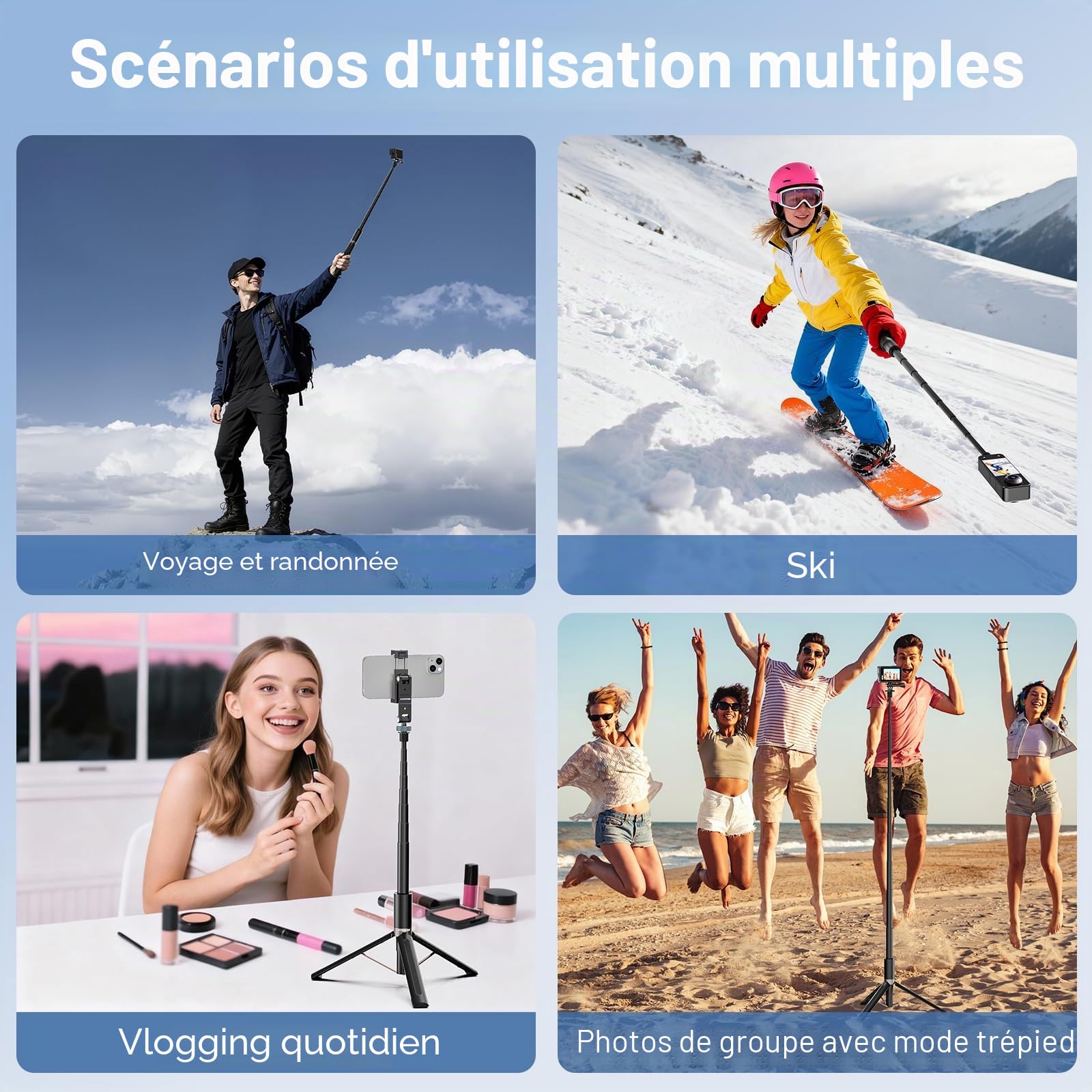 Trépied Invisible pour Perche à Selfie VYVIYON 65 Pouces, Monopode Extensible 2 en 1 pour Insta360 X5 X4ONE X2, poignée pour Perche à Selfie avec Adaptateur pour caméra d'action 1/4 Pouce pour GoPro