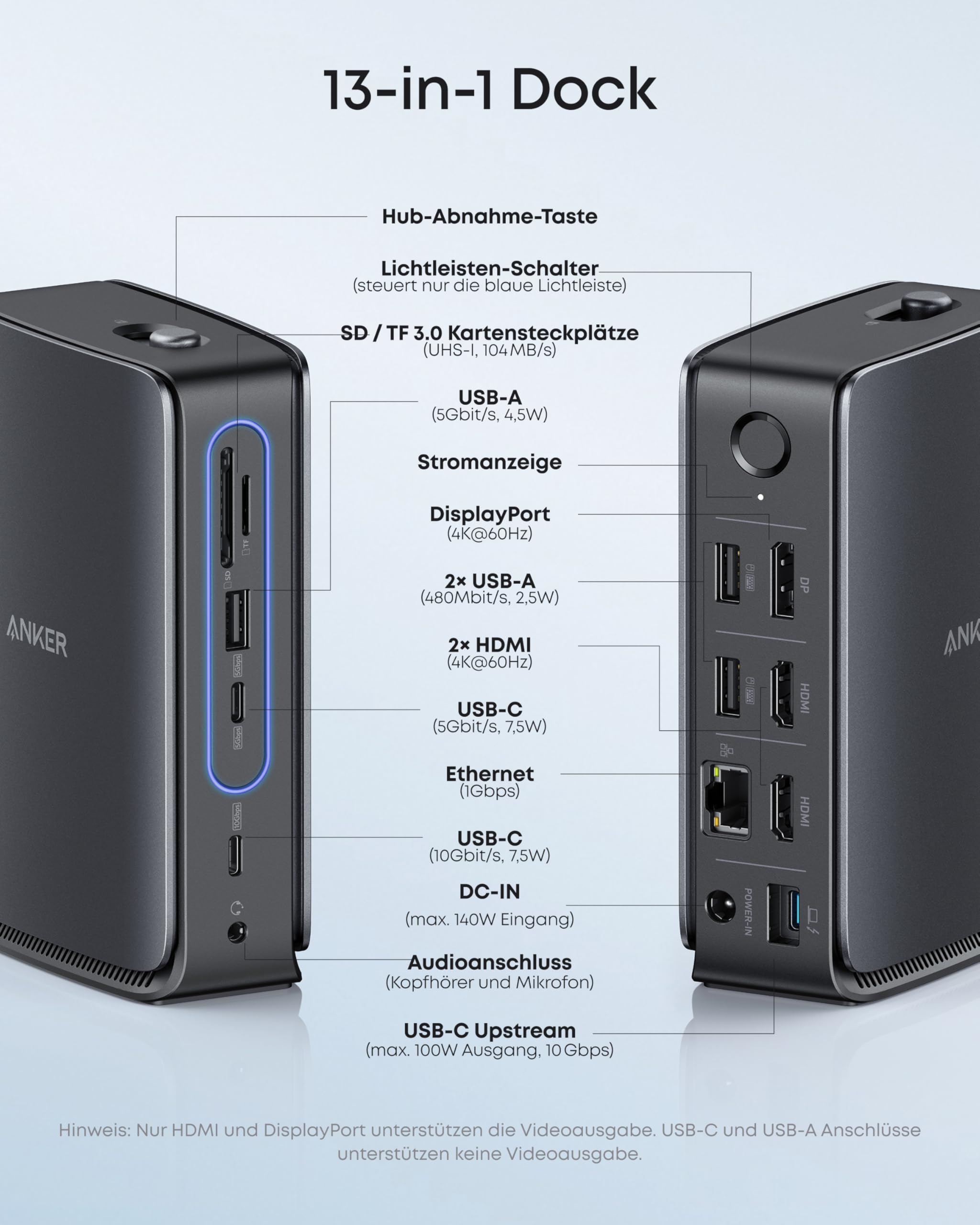 Anker Nano Laptop Dock, Integrierter Hub, 13-in-1 USB-C Triple-Display (2× HDMI, 1× DP), 10Gbps USB-C, 3× USB-A, Audio, SD/TF, Ethernet, Bis 100W Power Delivery, Für Dell, Lenovo, HP u.v.m.