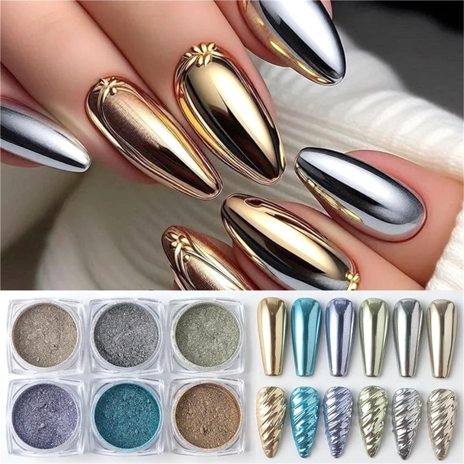 Polvo cromado para uñas 6/12 Uds oro plata rosa polvo de uñas cromo espejo metálico de lujo brillo frotar pigmento polvo hermosa decoración artística para Manicura(F-208-(01-02))