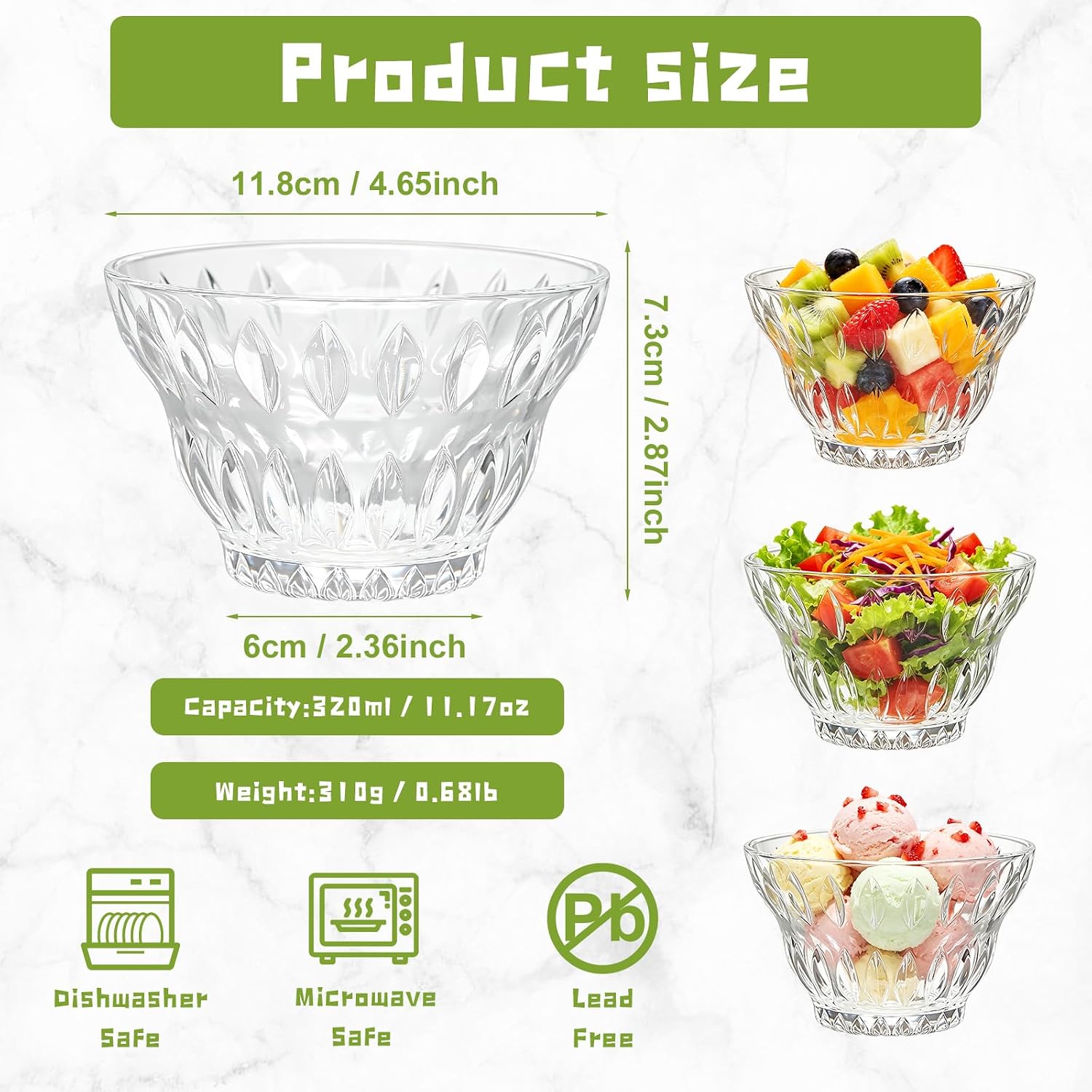 Glass Trifle Bowls for Cereal,Salad Snack Fruit Dessert Milkshakes,10.82oz