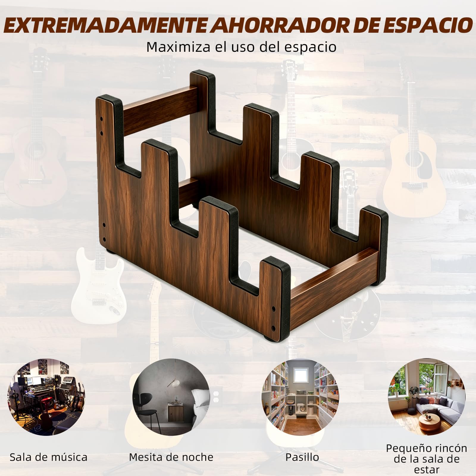 Soporte de guitarra de madera para 3 guitarras eléctricas y bajos | Madera maciza, niveles escalonados, acolchado, antideslizante, ahorra espacio, montaje fácil