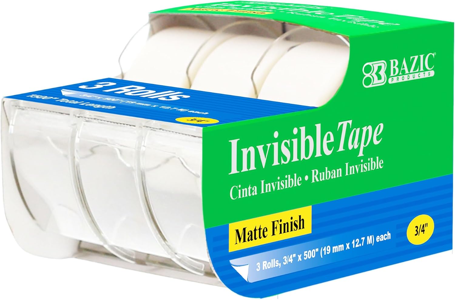BAZIC PRODUCTS InvisibleTape w/Dispenser 3/4" X 500", Matte Finish Stationery Tapes Rolls, for Arts Craft Photo Gift Wrapping, 3/Pack, 24-Pack
